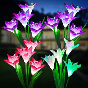 Outdoor Solar Lights, 4 Pack Solar Garden Light with Bigger Lily Flowers, Waterproof 7 Color Changing Solar Lights Outdoor - Bigger Panel for Patio Yard Garden Decoration, Gift for Mom